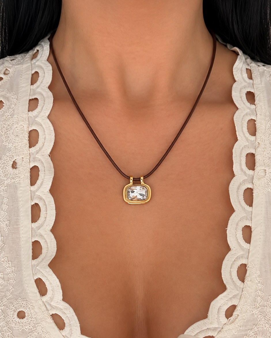 Noir Crystal Brown Cord Necklace